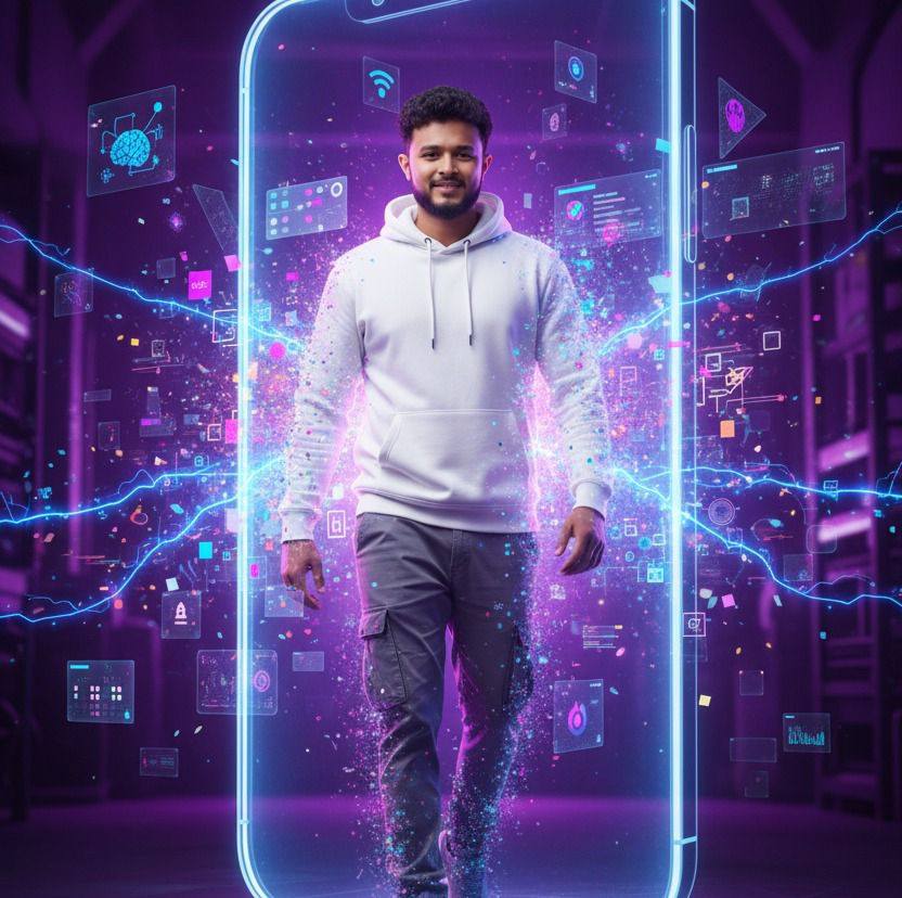 digital artwork of a young man in a white hoodie and gray cargo pants stepping out of a giant 3D smartphone screen