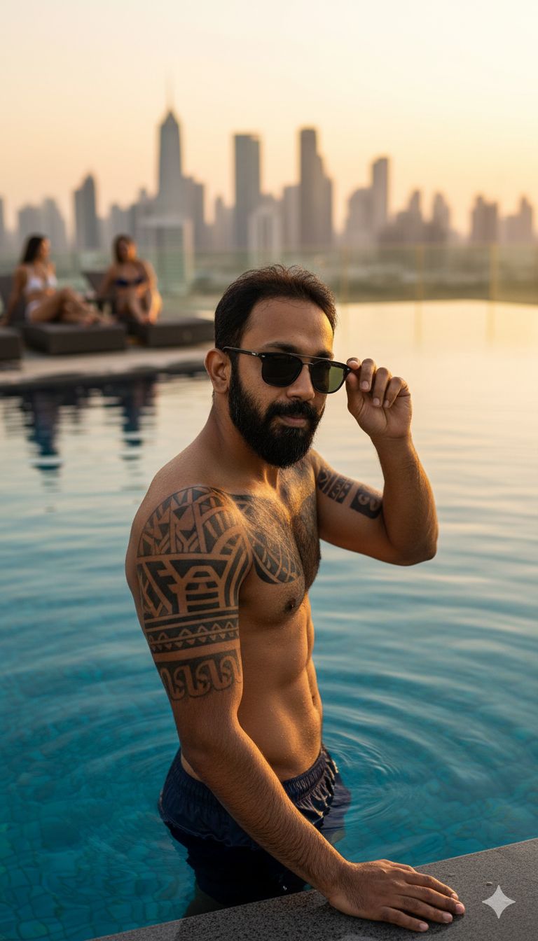 man in a rooftop infinity pool