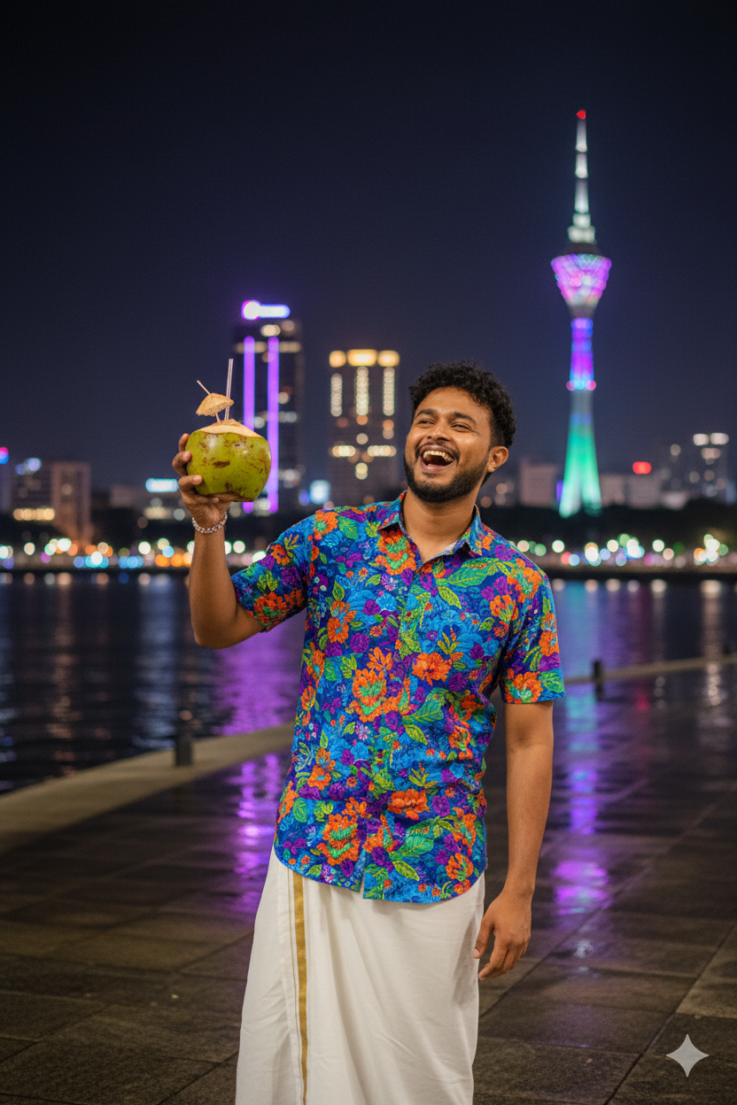 traditional white sarong and a vibrant, colorful short-sleeved shirt, standing on the reflective stone surface of a riverside promenade.