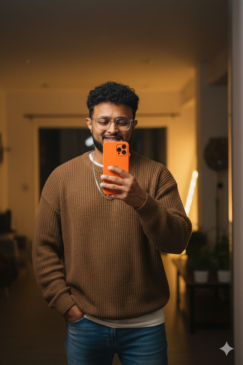 Ultra-realistic mirror selfie of a stylish man with glasses.