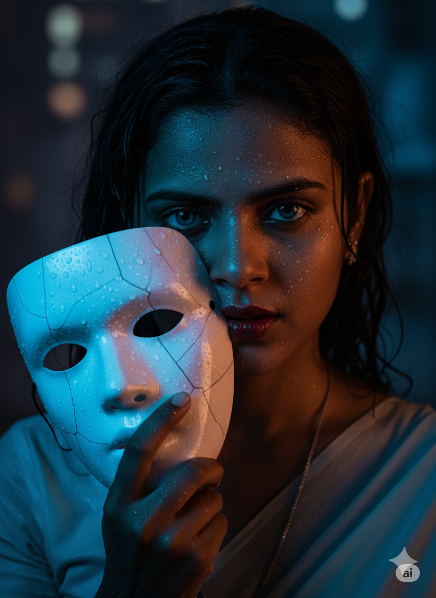 mysterious young woman with piercing blue eyes and wet glistening skin