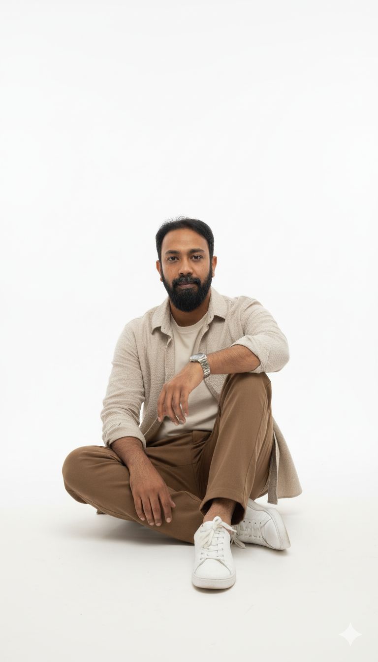 man sitting on the floor in a minimalist studio setting with a clean white background
