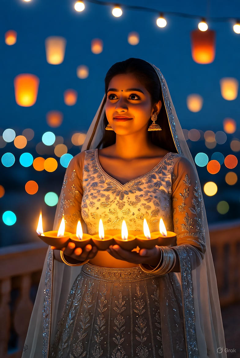 elegantly posing, illuminating a row of traditional diyas (oil lamps). She wears an exquisite, detailed golden and silver lehenga