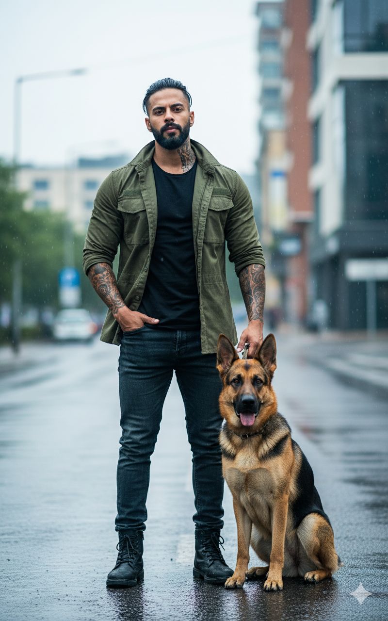 strong, handsome man standing confidently on a wet road with a loyal German Shepherd dog