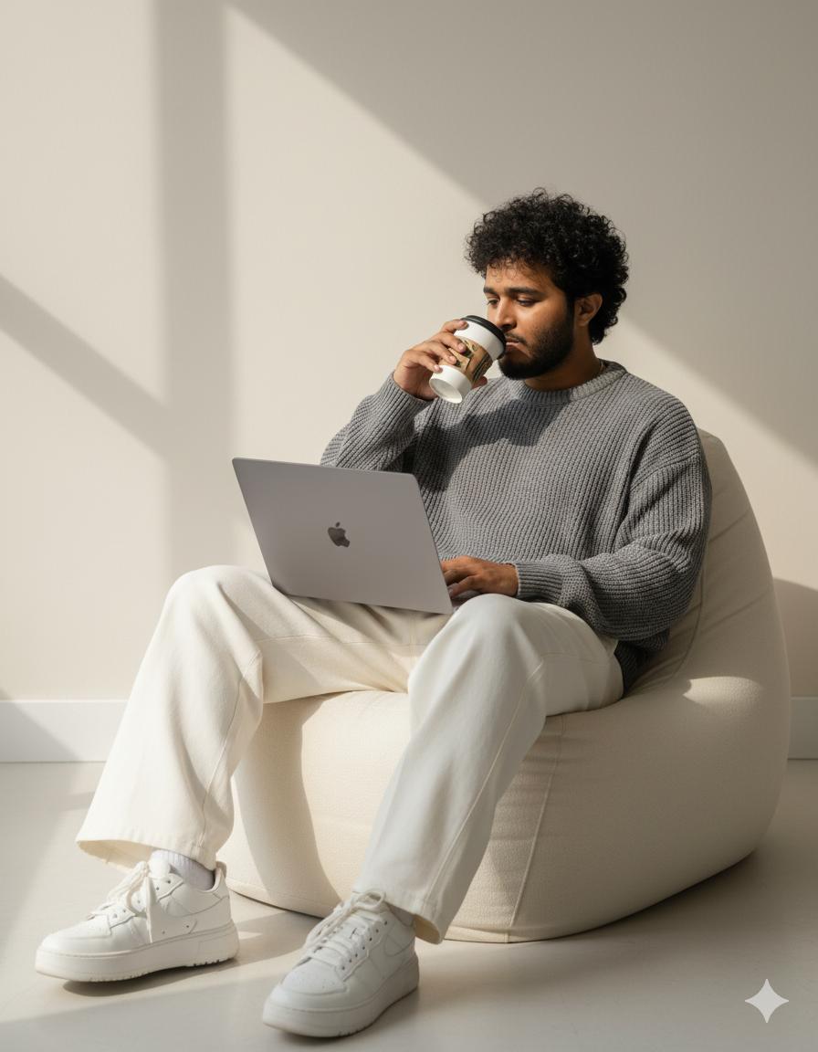 young man sitting casually on a soft, textured beanbag chair