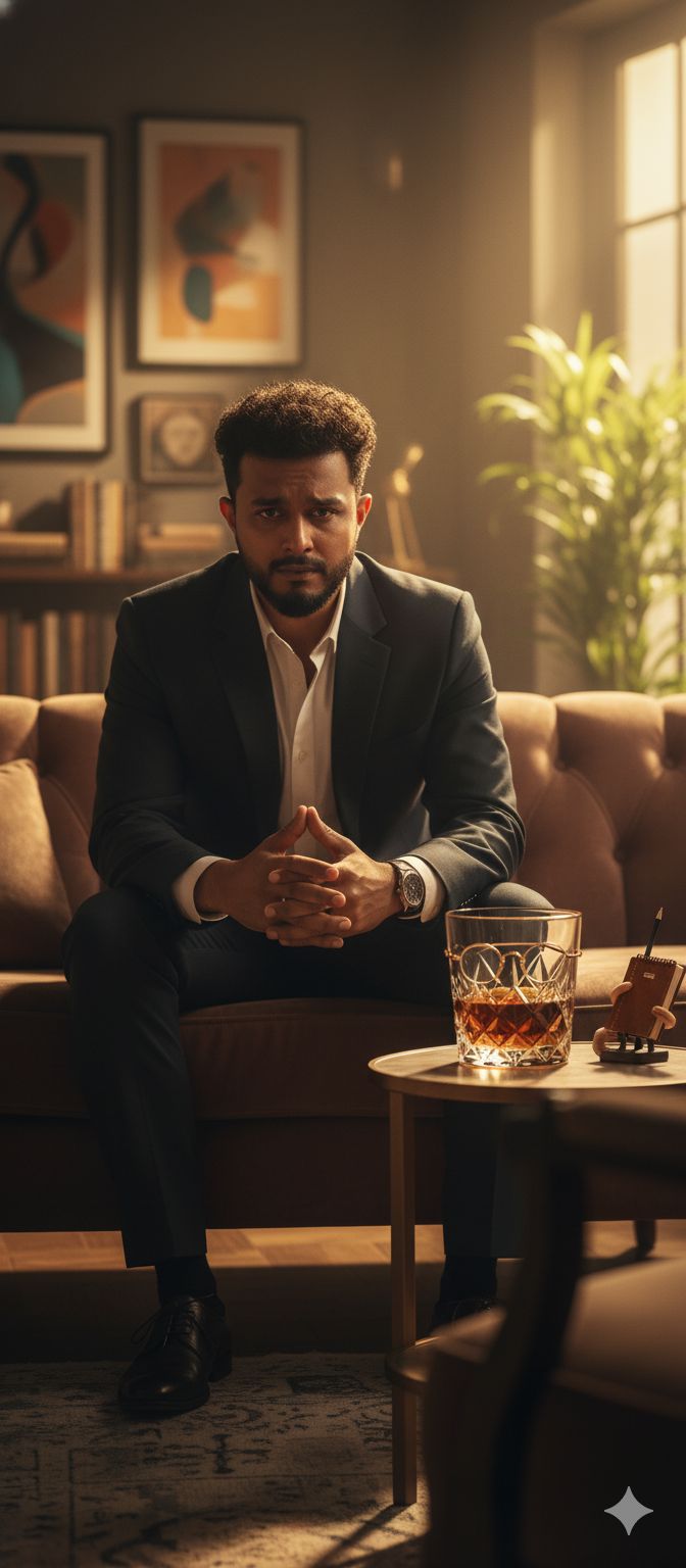 person sitting on a couch like a whiskey glass is their therapist