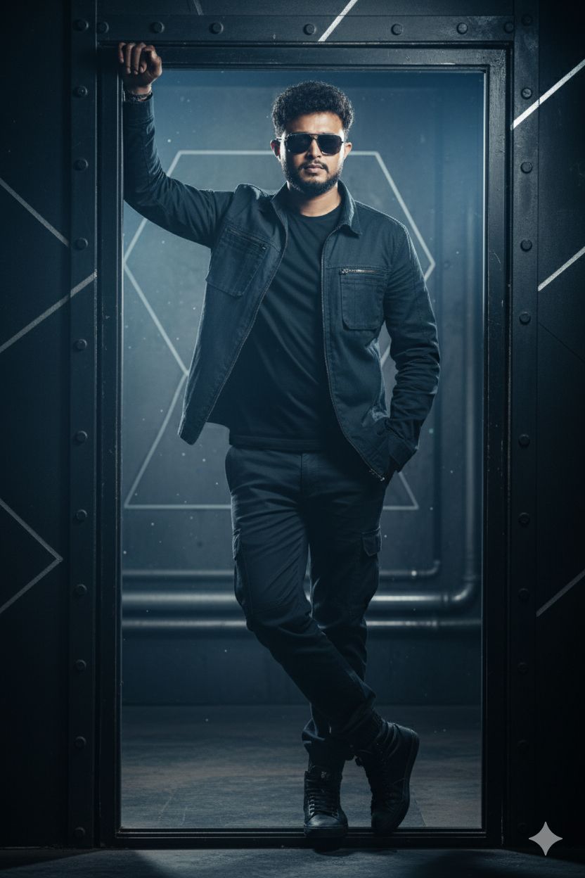 A stylish man leans casually against a dark industrial metal door frame with one hand resting on top