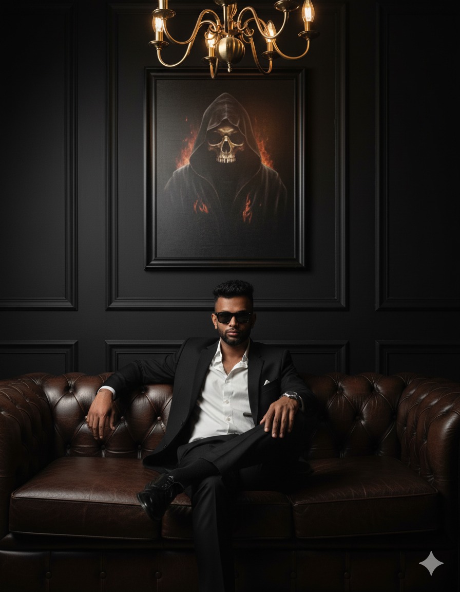 young man sitting on a luxurious dark brown leather chesterfield sofa in a dimly lit opulent room