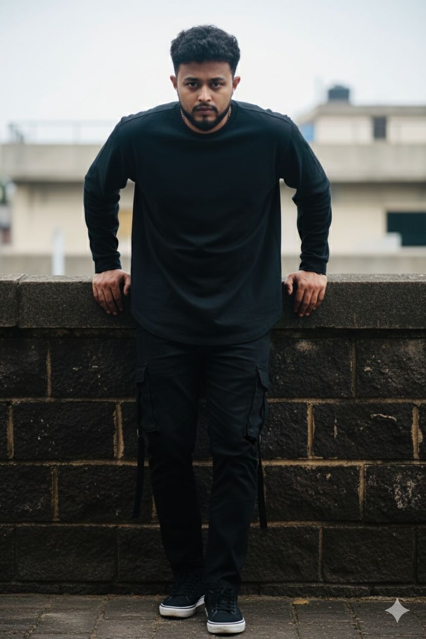 Create a hyper-realistic portrait of a young man (approx. 165 cm) styled like the reference. Dark urban stone-brick background