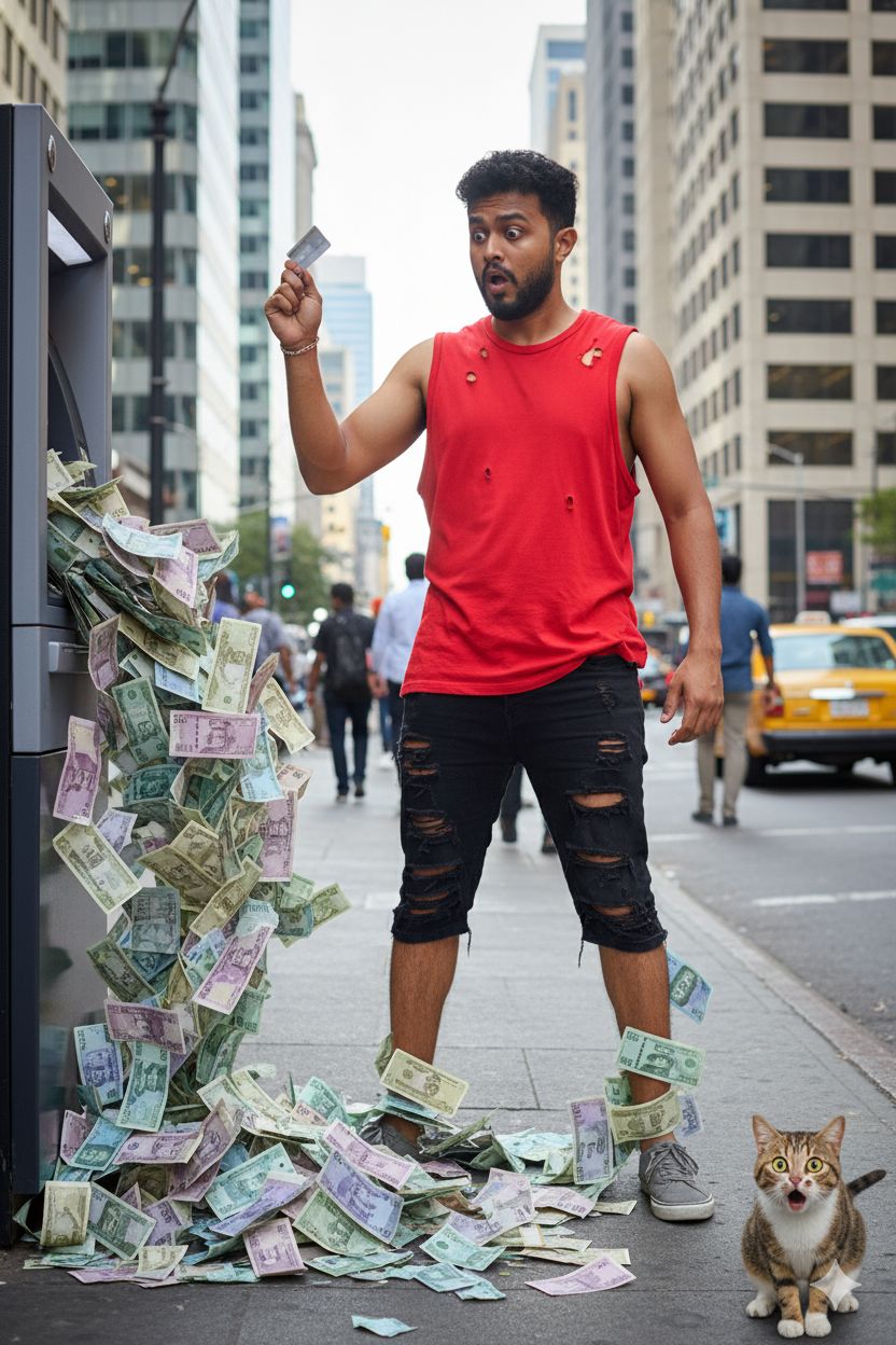 surprised man standing on a busy city street in daylight
