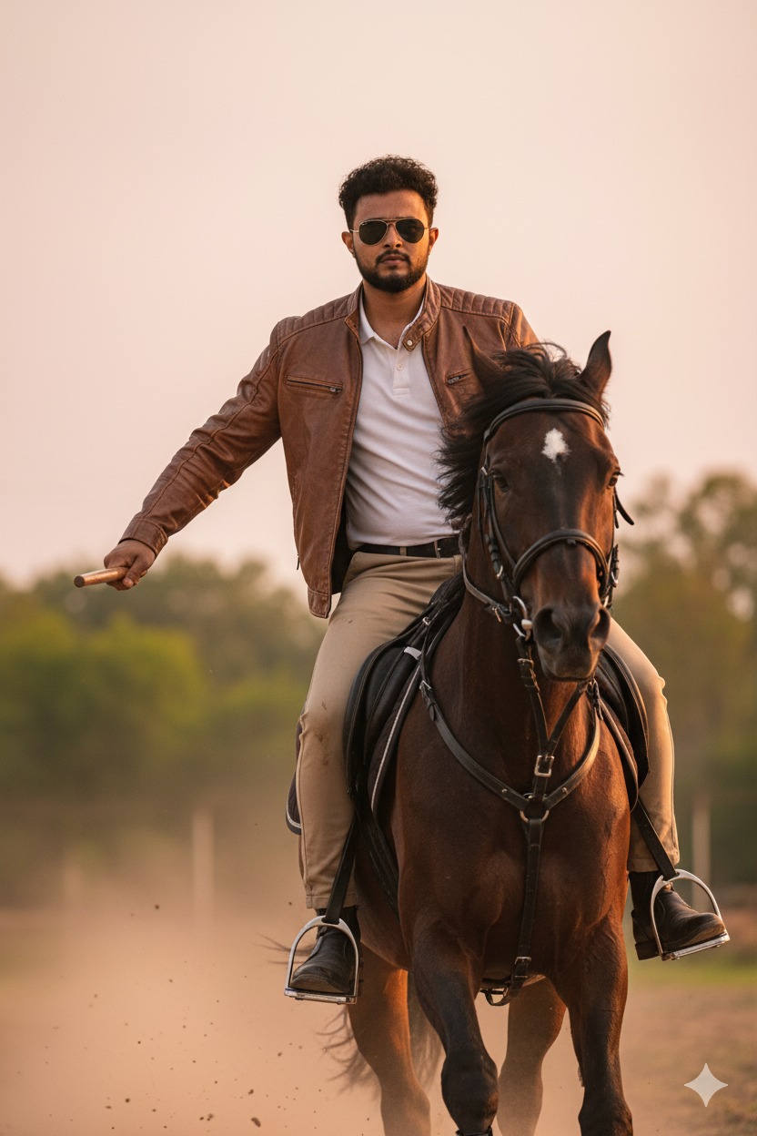 person riding a powerful dark brown horse with a distinct white mark