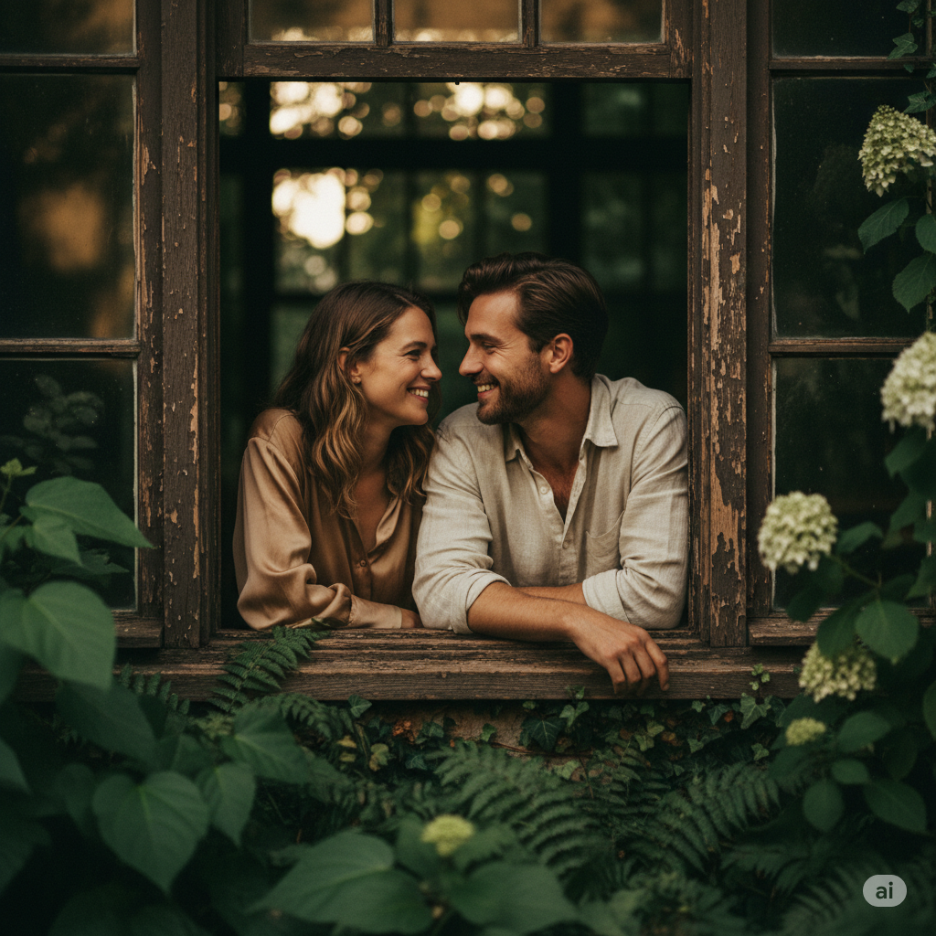 stylish couple. They are framed within a rustic, dark oak window frame