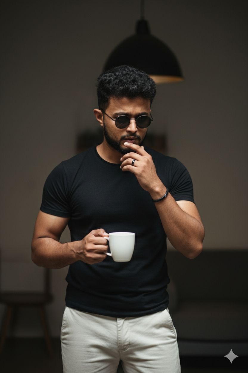 man, resembling the provided image, with a dark, intense gaze, wearing round sunglasses