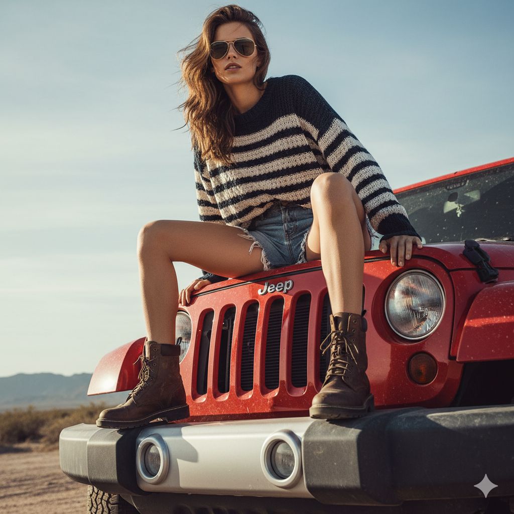 full figure seated on the front hood of a red Jeep