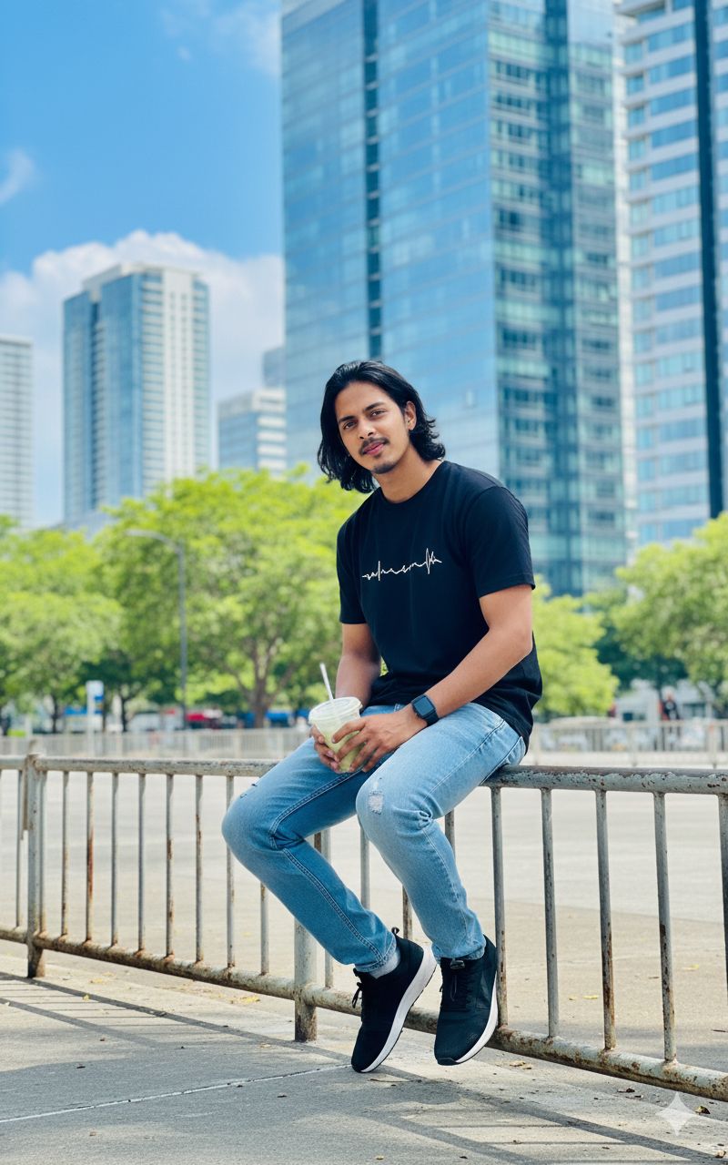 T-shirt, light blue jeans, white sneakers