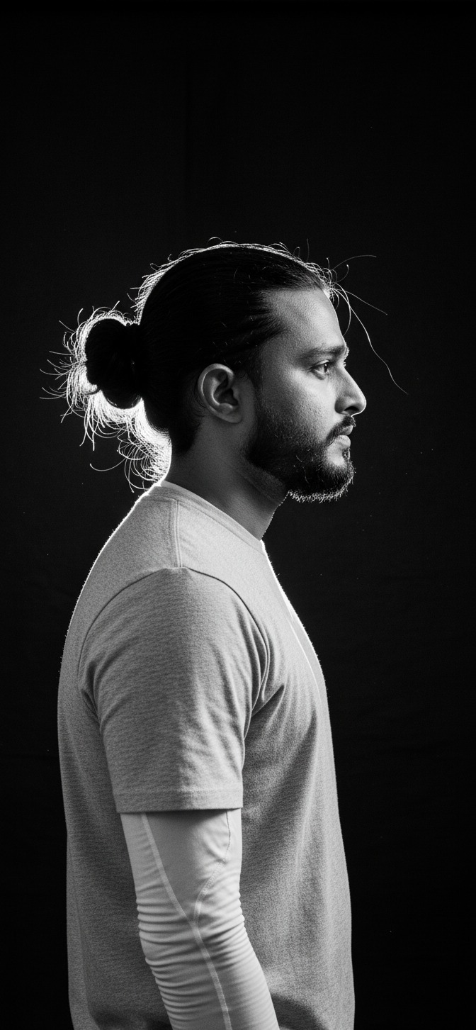 Hyper-realistic, black and white studio portrait of a UK man in profile view