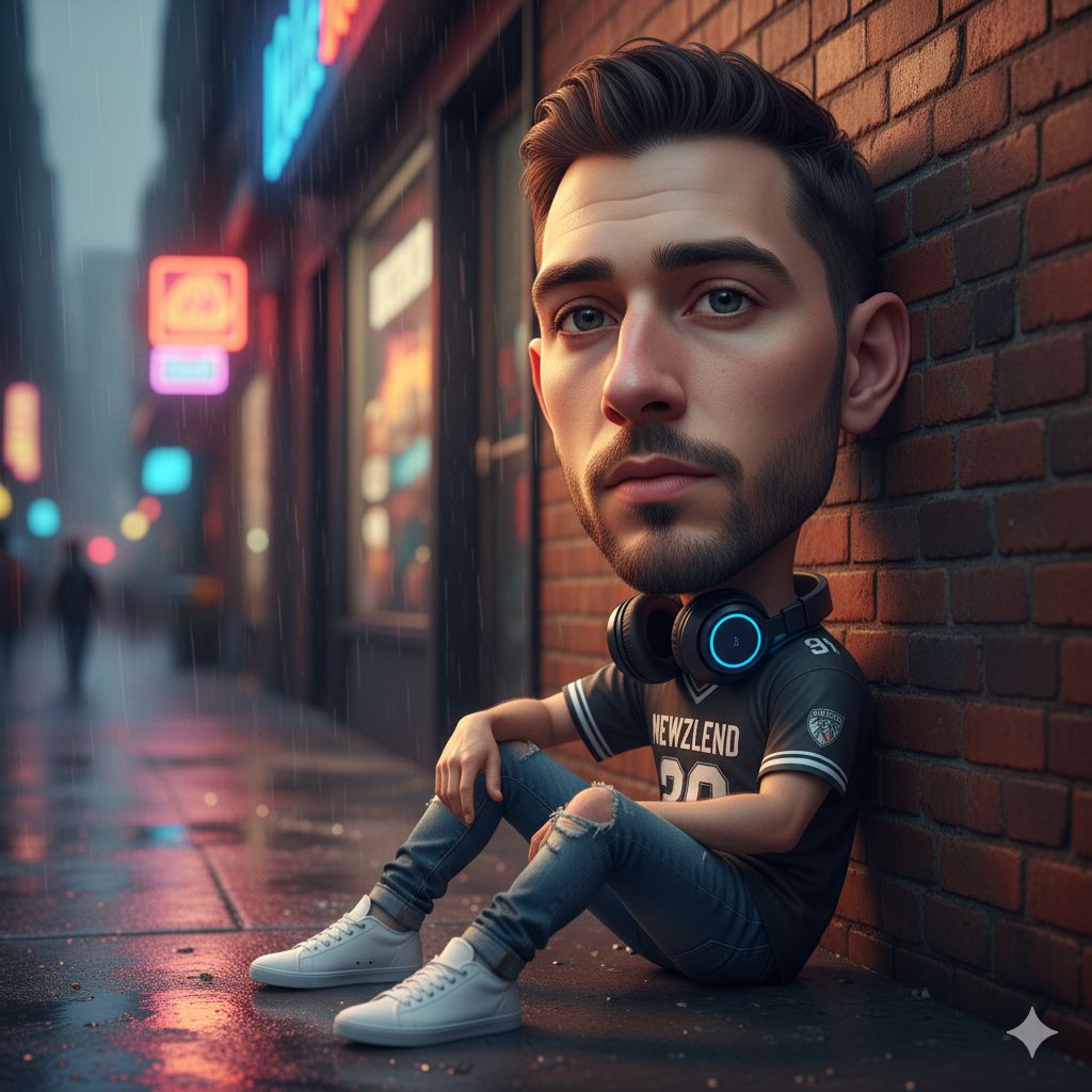 man, built around the immutable uploaded face with a subtly oversized head