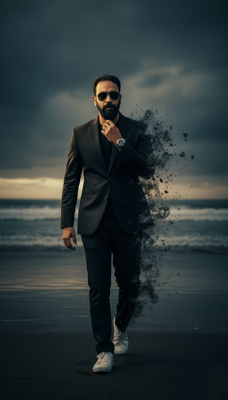 man walking alone on a dark beach at dusk, dressed in a black suit and sunglasses