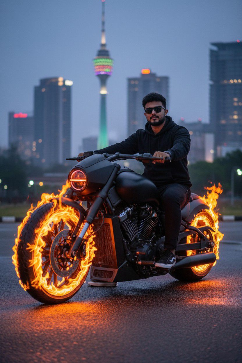 Dark black sunglasses and sneakers sits calmly on a custom motorcycle