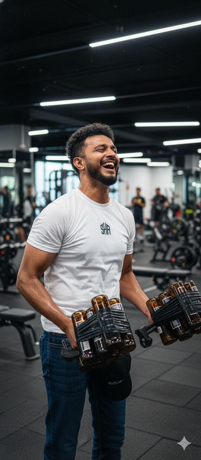 uploaded person at a gym, lifting dumbbells made of beer bottles