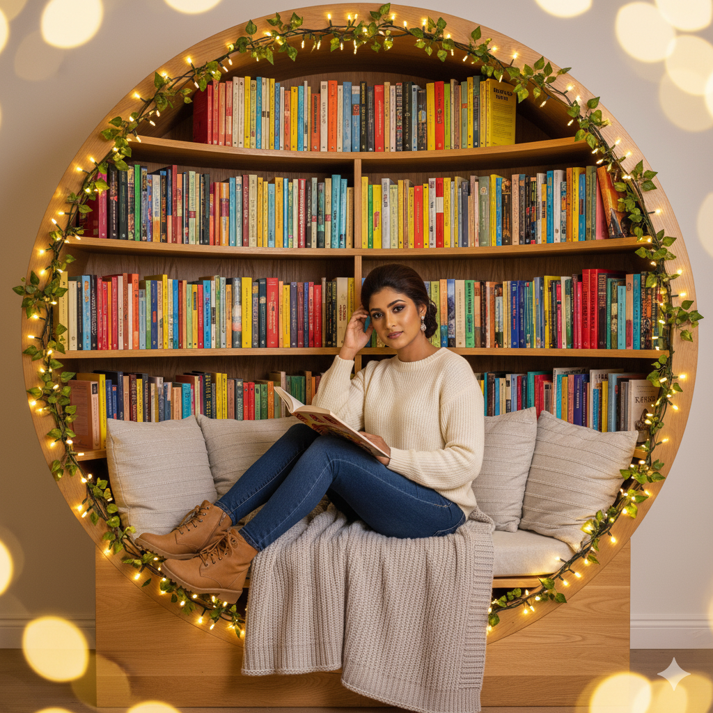 large circular built-in bookshelf nook made of light oak wood