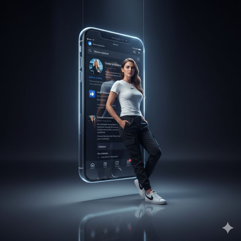 cinematic masterpiece of a beautiful [woman] leaning confidently against a massive, floating 3D smartphone model